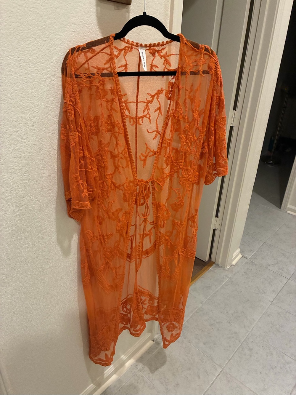 Sheer Embroidered Orange Lace Kimono Cover-Up